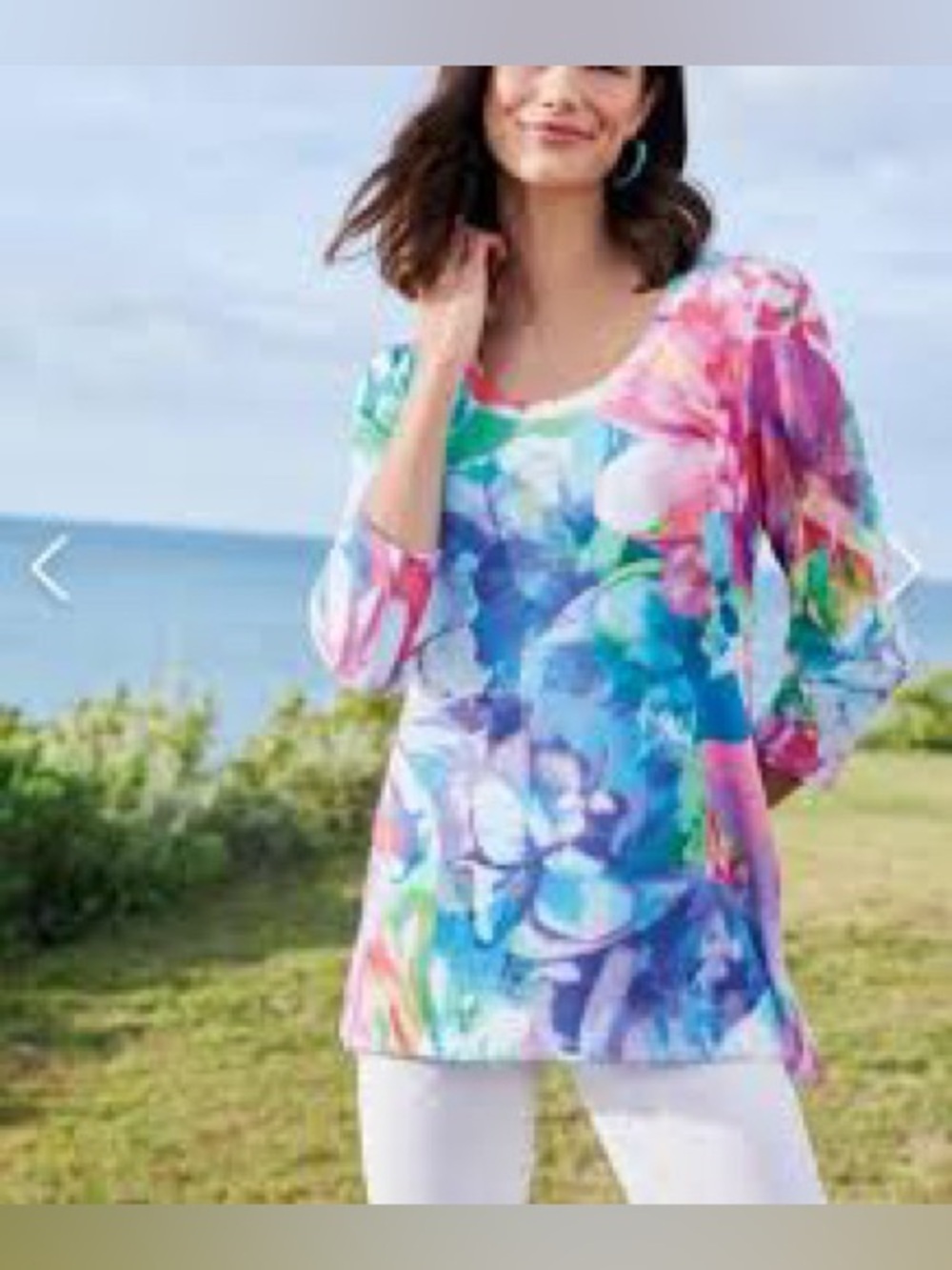 Soft Surroundings Floral Tunic Top 2X Watercolor Print 3/4 Sleeve Stretch Knit